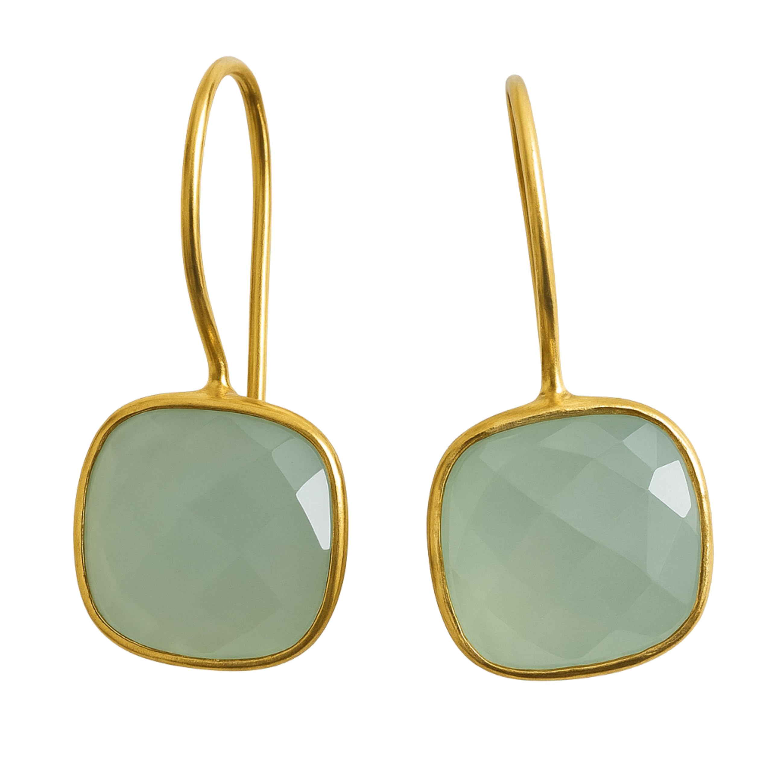 Pendientes de plata de ley 925 con baño de oro y calcedonia aguamarina de talla cojín