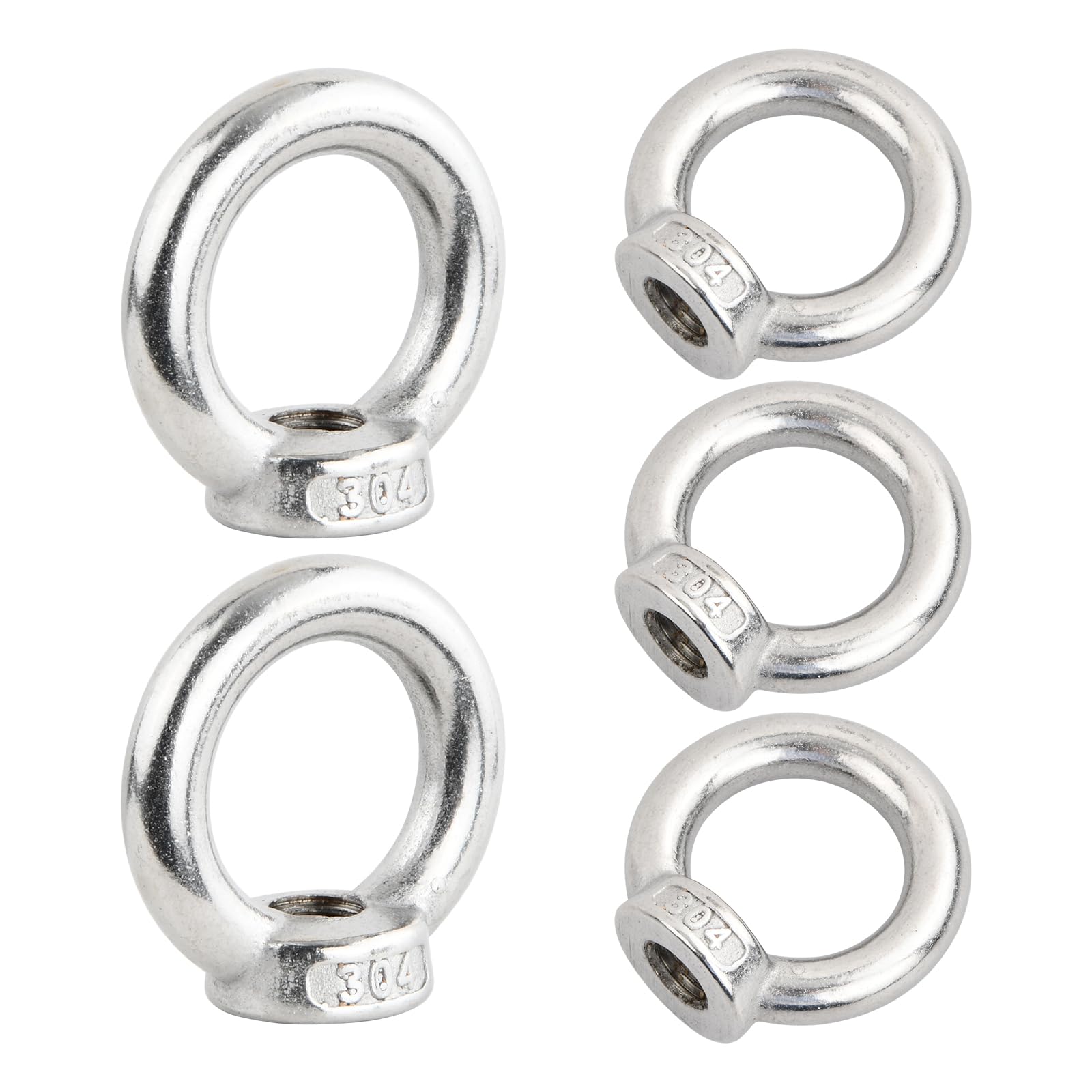 Gudalea 5pcs M10 Stainless Steel Ring Nut, 230KG Load Capacity, Left Hand Thread, Forged Eye Type, Silver