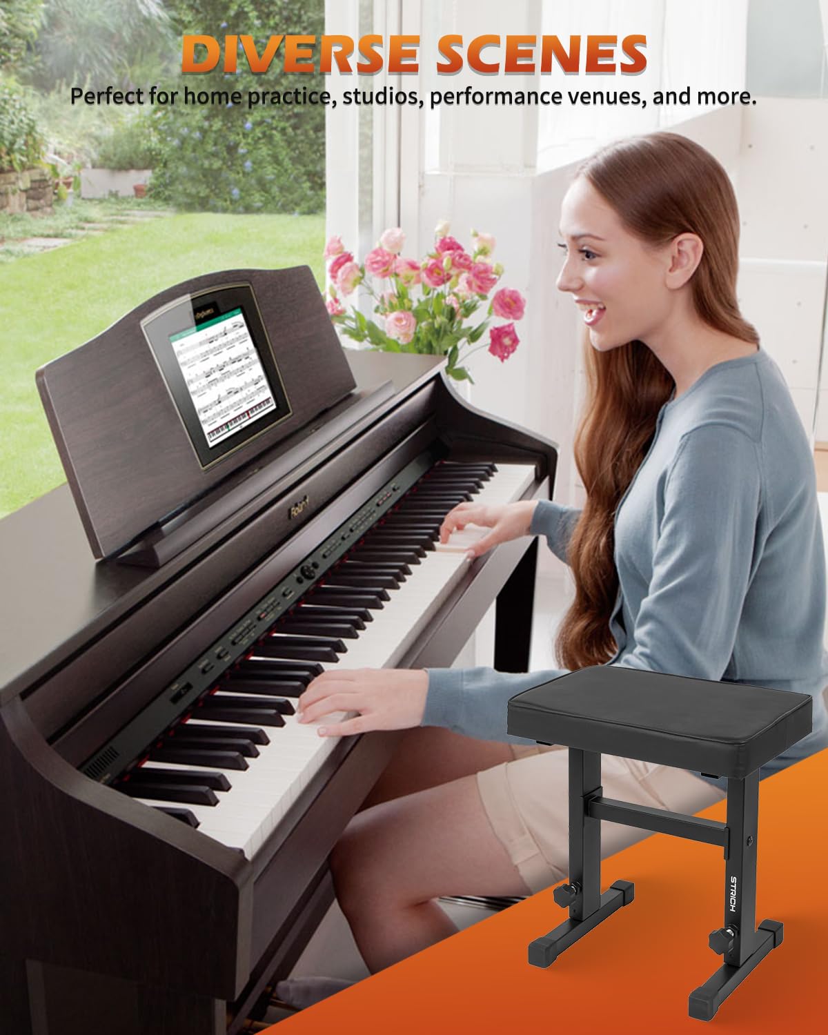 STRICH Sgabello regolabile per pianoforte, sedile per tastiera musicale, sgabello per pianoforte, sedia con cuscino imbottito per musicisti, nero, SPB-M50 (pelle PU)