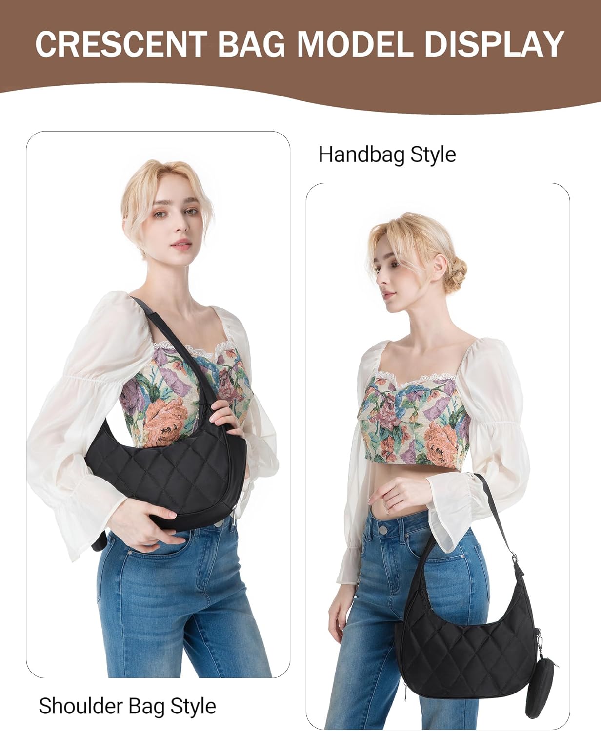 BAVERGE Nylon Crescent Bag Women Small Quilted Shoulder Purse Women's Hobo Handbag with Coin Wallet Mini Tote - Image 2