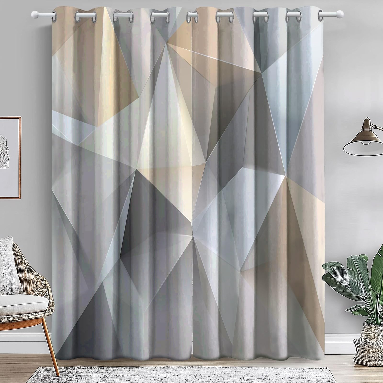 Rideaux Isolants 110L X 215H cm (2 Panneaux), Design Triangles Géométriques Abstraits Tenture Opaque Anti-Chaleur pour Chambre Principale, Gris Beige