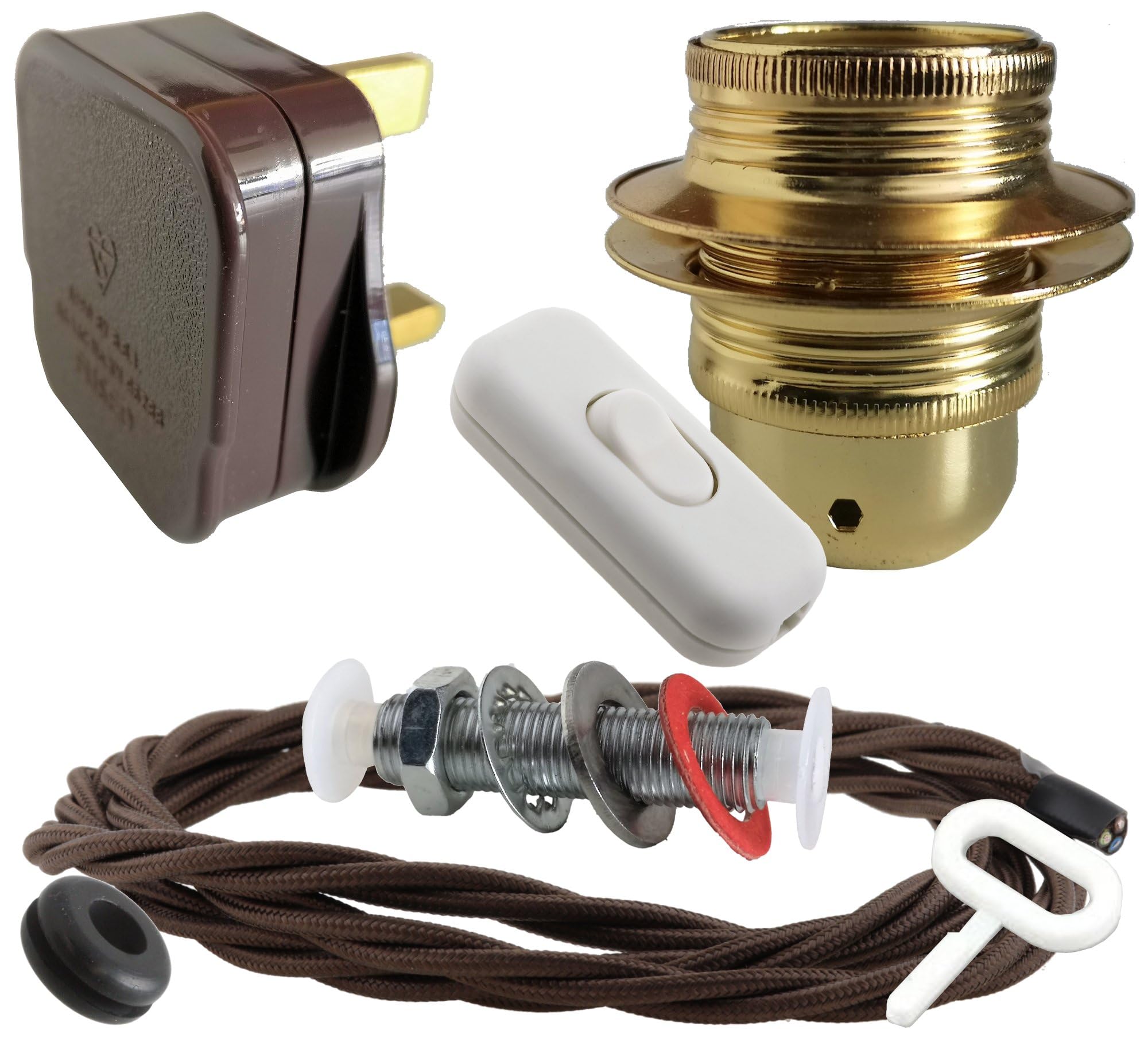 Art Deco Emporium Lamp Repair and Service Kit|Brown Plug|Brown Flex|White Switch|E27 Brass Finish Lamp Holder Holder