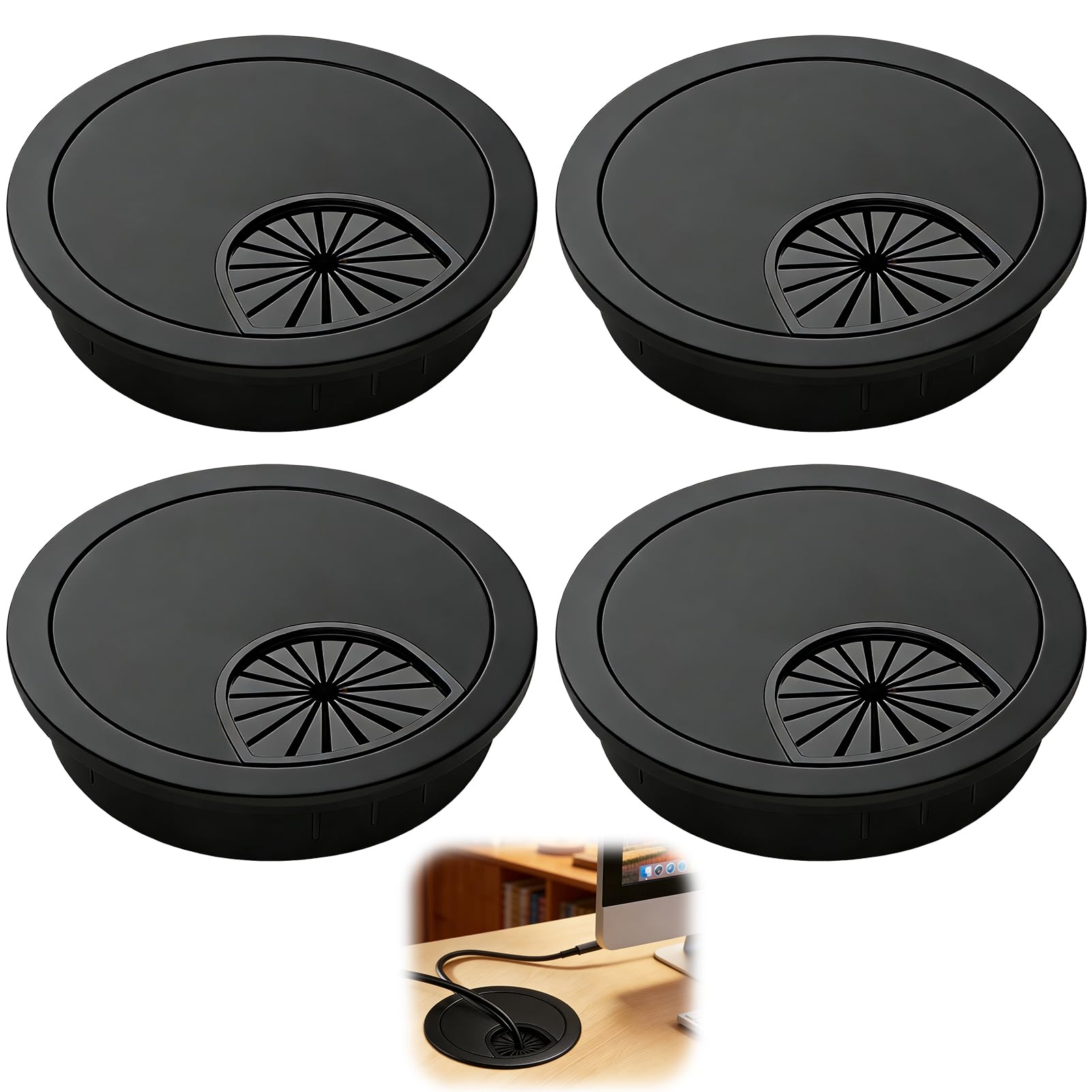 4 Pack 60mm Desk Grommet Kit, Computer Grommets Cable Hole Cover for Desktop Wire Organizers Table Cord Round Table Cable Hole Suitable for Home and Office 2.3 Inch Matte Black