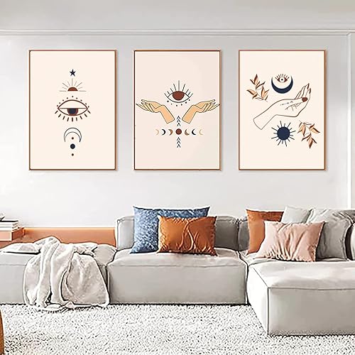 Miniatura 4 de Lienzo de pared bohemio de mediados de siglo, arte abstracto de mano mística, sol, luna, escena bohemia, impresiones en lienzo modernas, geométricas