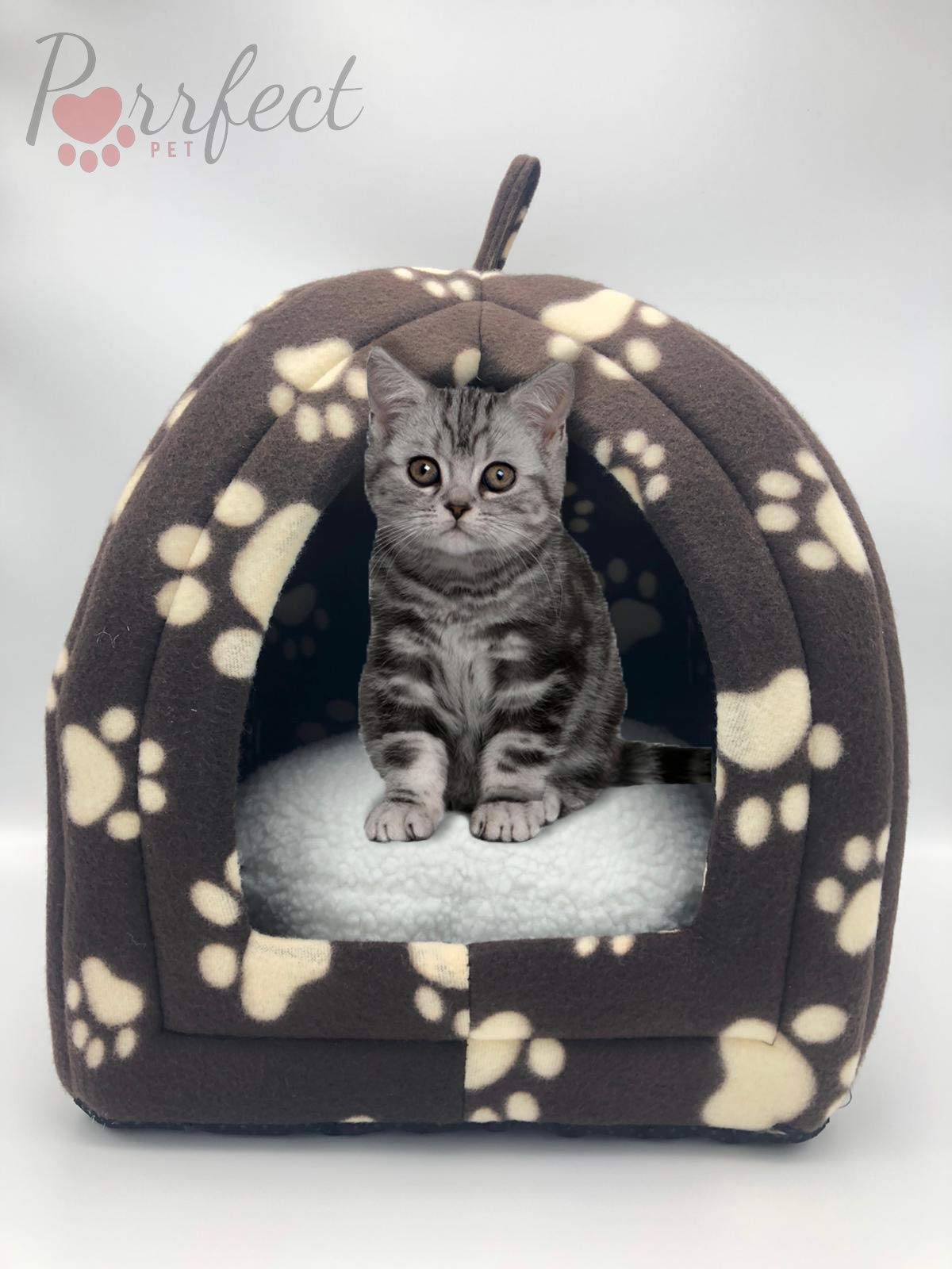 Purrfect Pet ® Pet Tent Cave Bed for Cats/Small Dogs-35x35x40cm 2-In-1 Cat Tent/Cat Bed House with Removable Washable Cushion Pillow -WARM Fleece Pet Bed, Brown, Cream Paws (Pet Cave & Cushion Pillow)