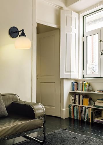 Miniatura 4 de HEQIQEH Lámpara de pared vintage recargable con pilas con control remoto, pantalla de vidrio blanco acanalado regulable para montaje en pared para