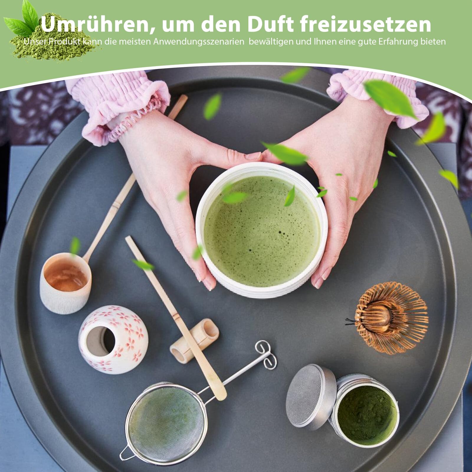 Vaileal Kit De Thé Matcha 4 Pièces : Bol en Céramique, Fouet en Bambou Artisanal, Ensemble Complet pour Cérémonie du Matcha en Couleur Verte