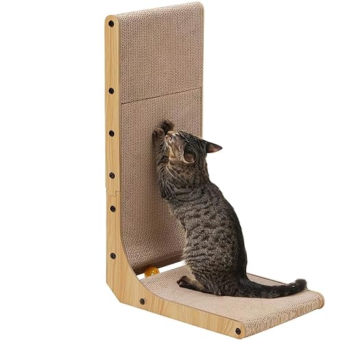 FUKUMARU Cat Scratcher, 68 cm L Shape Cat Scratch Pad Wall Mounted, Cat Scratching Cardboard with Ball Toy for Indoor Cats - Large
