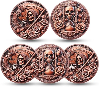 مجموعة من 5 عملات Memento Mori Coin Skull Challenge، رمز تذكير رواقي، هدايا ملهمة للرواقية للممارسة اليومية، عملات EDC Carpe Diem