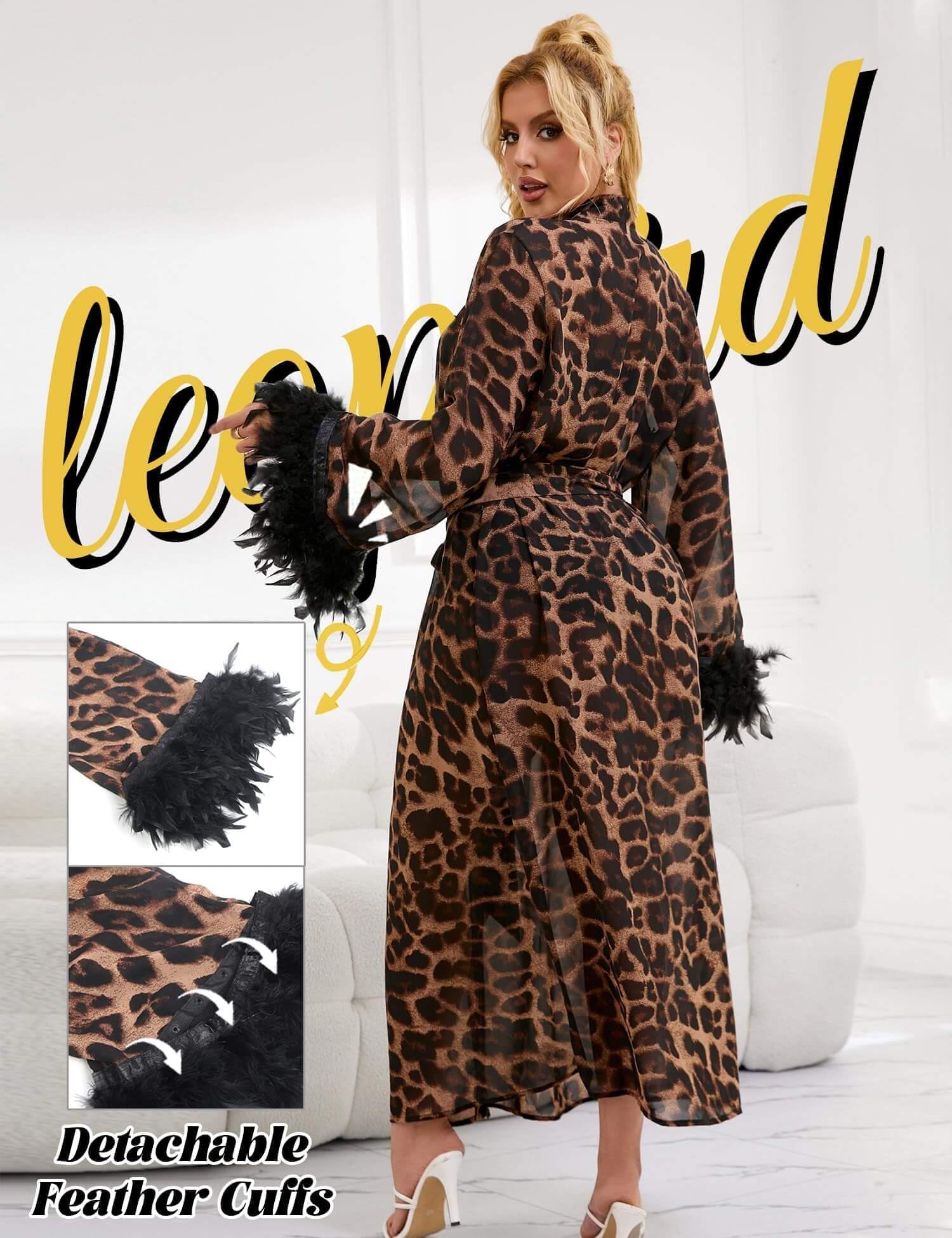 ohyeahlady Kimono Robe de Nuit Femme Leopard Robe de Chambre Longue Satin Grande Taille Peignoir Kimono Long Habillé Nuisette Satin Chic Peignoir de Bain Couverture de Bikini Cardigan avec Ceinture