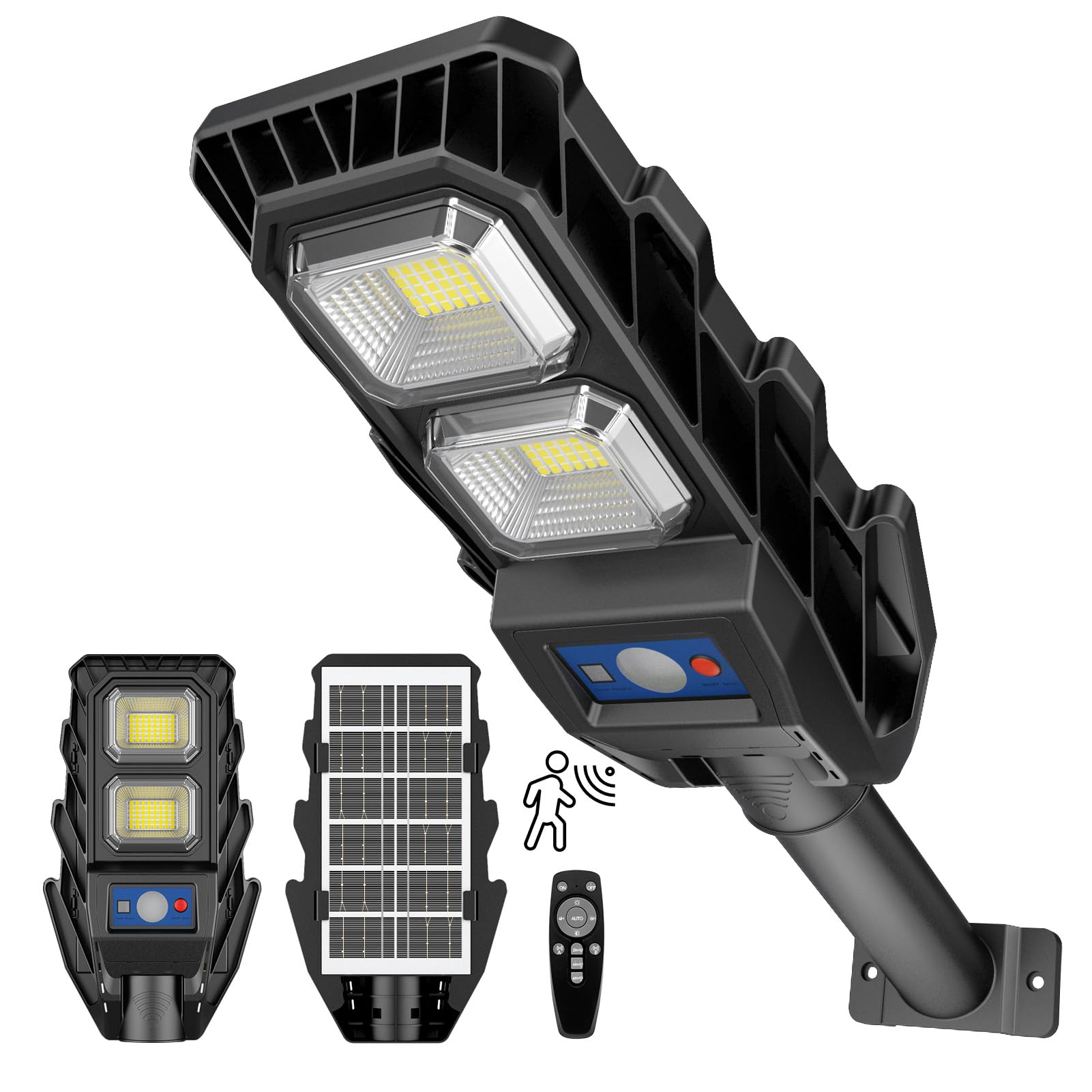 JESLED 60W LED Solarleuchten für Außen mit Fernbedienung，6500K Solar-Straßenlaterne für den Außenbereich mit Bewegungsmelder, IP65 wasserdicht ist für Straßen, Innenhöfe, Garage, Gärten geeignet