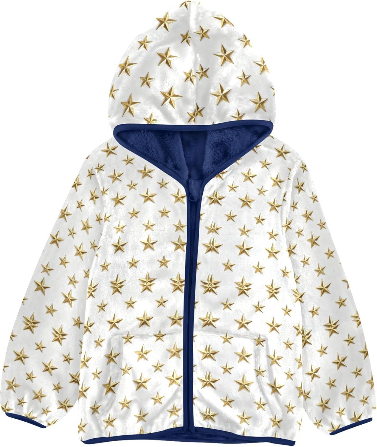 Gold Star Pattern Fleece Zip Up Jacket Plush Lined Baby Coat Navy Blue Baby Boys Hoodie