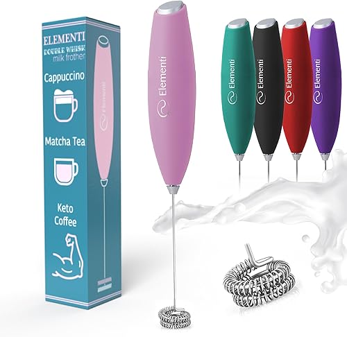 Elementi Espumador de leche de mano doble batidor - Espumador de café, agitador eléctrico, batidor de matcha y mezclador de bebidas de mano -