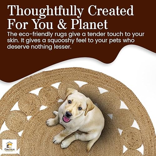 Miniatura 8 de Alfombra de yute de 3 x 3 pies, colección redonda de fibra natural, hecha a mano, con dijes bohemios, estilo campestre, de yute, suave alfombra