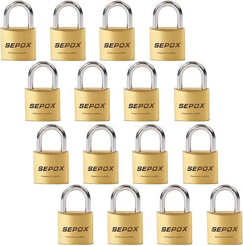 SEPOX Paquete de 15 candados de latón macizo resistentes con llave de 1-916 pulgadas (1.575 in) con grillete de acero endurecido, juego de 15 piezas