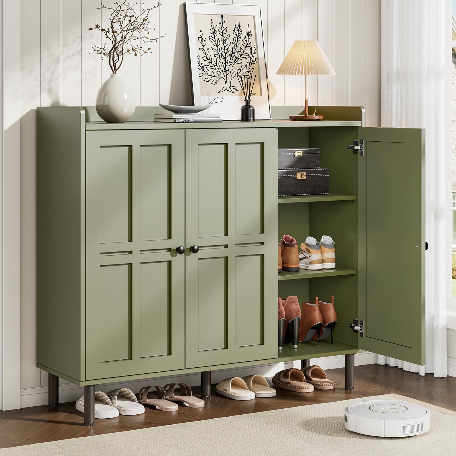 ONBRILL Shoe Cabinet with 3 Doors &amp; Adjustable Shelves for Entryway(Green)