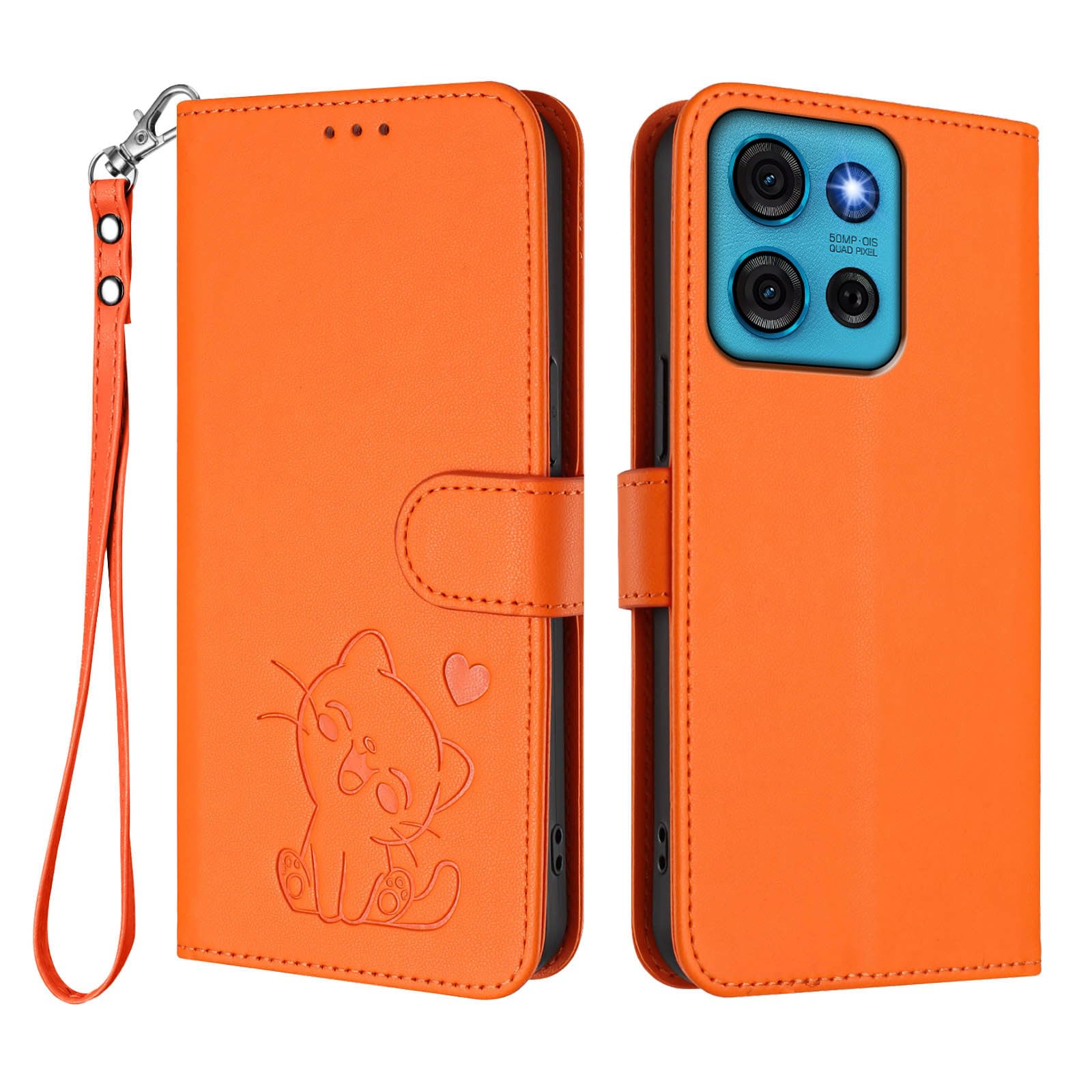 Wallet Case for Moto G75 5G Cover, Cute Cat Leather Flip Stand Phone Case with 4 Card Holder & Wrist Strap Shockproof Protective Shell Compatible with Moto G75 5G Cover (Orange)