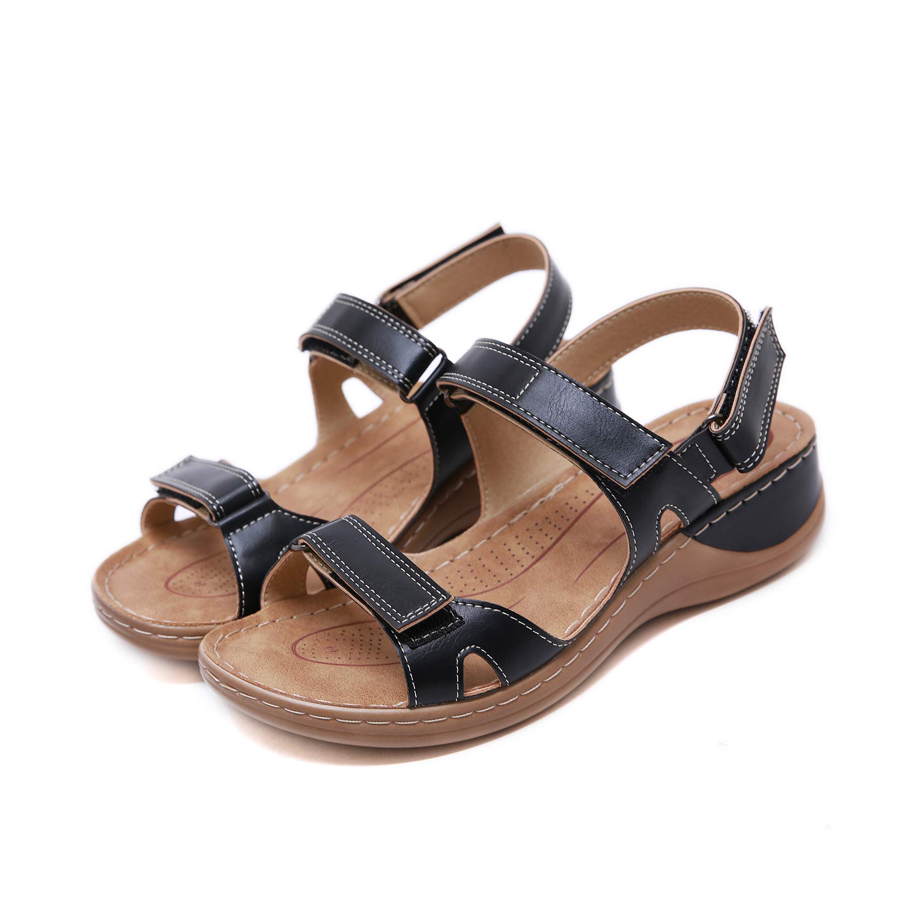 DOIX Orthopedic Sandals for Women Casual Flat Arch Support Wedge Shoes Premium Comfy Hook And Loop Closure Wide Fit Sport Sandal for Summer Outdoor Hiking Walking Beach,Black,US9/EU40