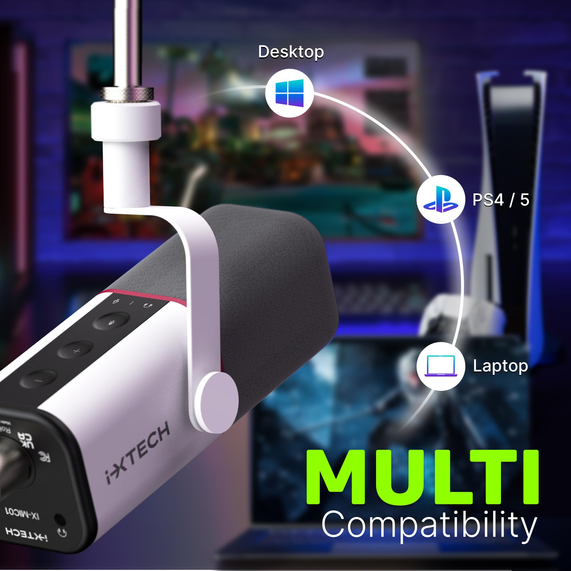 IXTECH Microfono dinamico cardioide con copertura per microfono, microfono vocale USB XLR per podcasting, streaming, registrazione, gioco e voice-over (bianco)