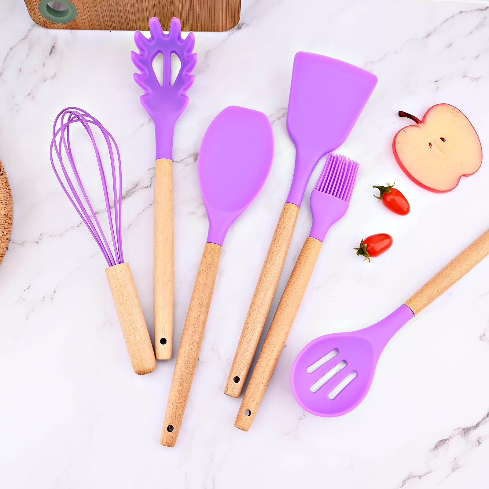 Kochutensilien-Set, Silikon, Küchenutensilien, antihaftbeschichtet, Kochutensilien, Holzgriff, Kochgeschirr, Backutensilien, Set, Violett, 12 Stück