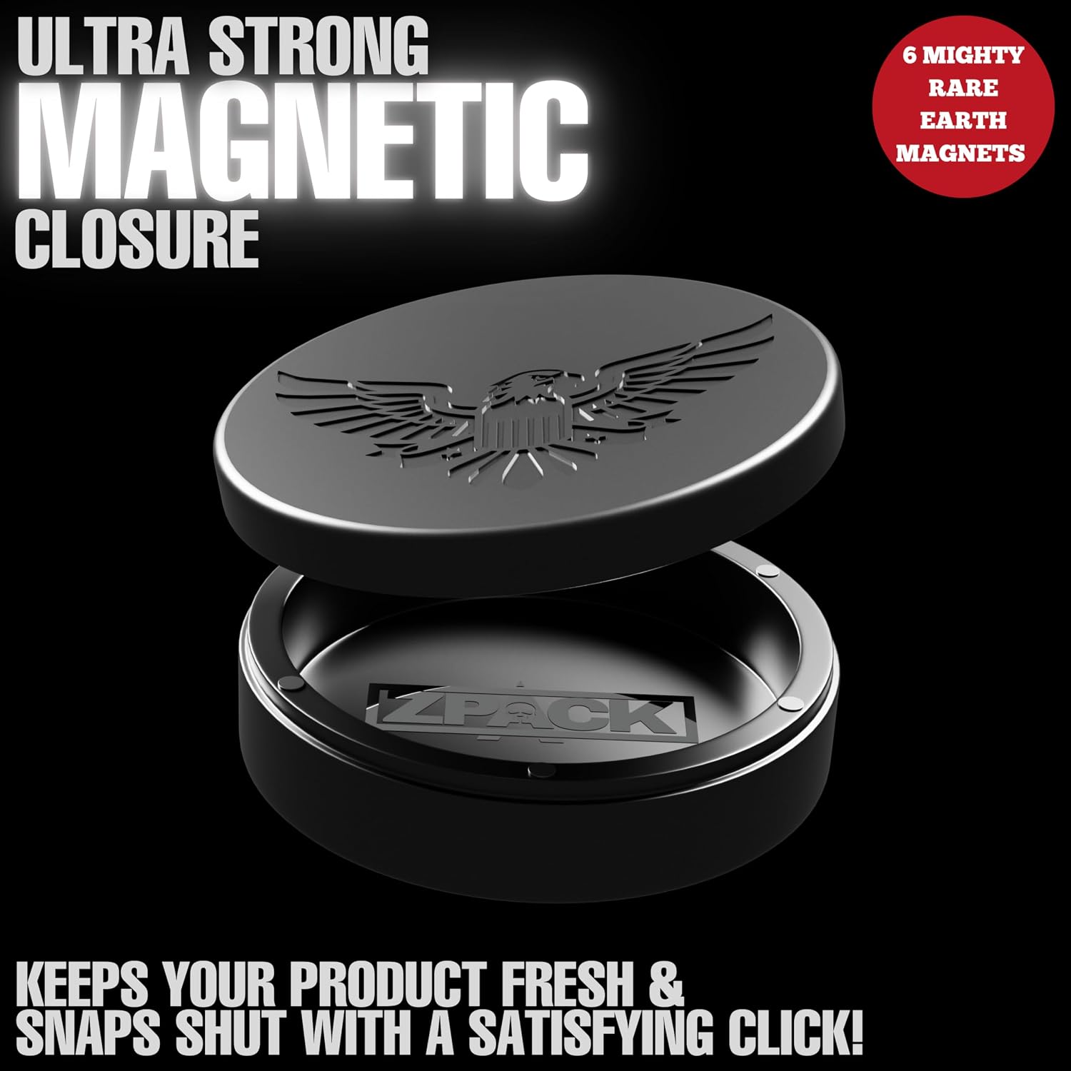 ZPACK Magnetic Zyn Metal Can, Holder, Metal Container, Carved Tin with Magnetic Closure, Aluminum Container, Slim Pouch Can, Gift for Him – Engraved Logo, Black (Eagle)
