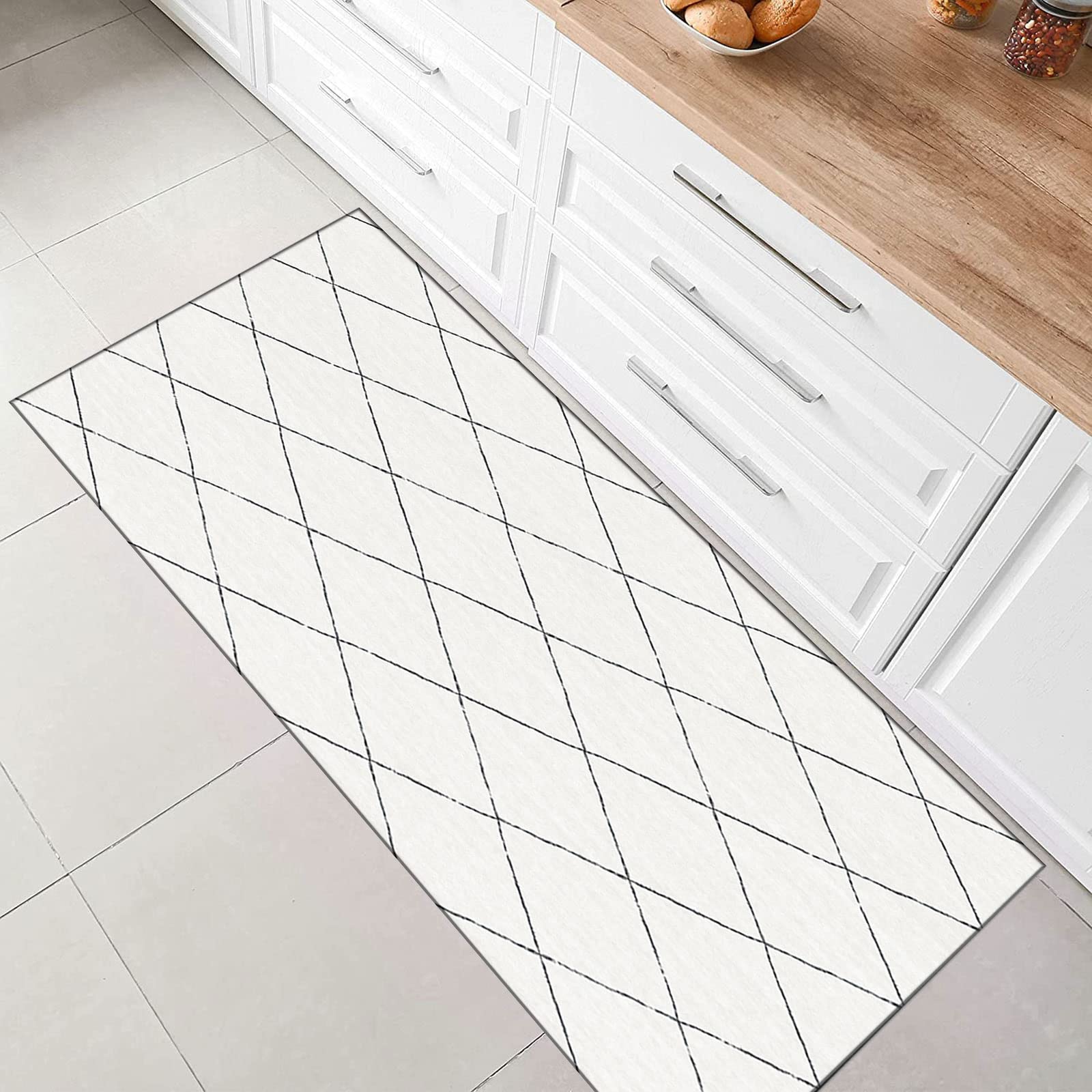 Läufer Teppich Flur Küche rutschfest Waschbar Modern Geometrisch Kariert Design Strapazierfähig Strukturiert Teppich Geeignet für Wohnzimmer und Eingangsbereich