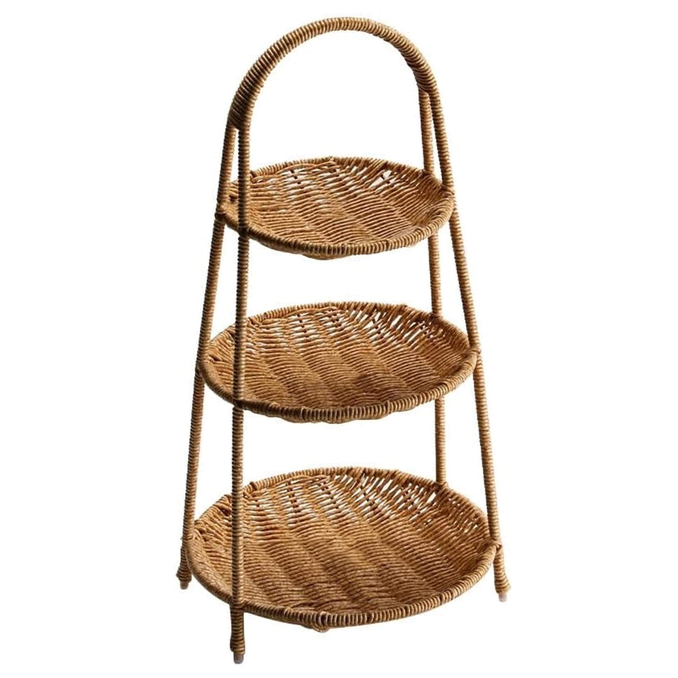 Tiered Tray, 3 Tier Serving Tray, Natural Rattan Tiered Dessert Stand For Fruits, Snacks & Tea, Round Portable Cupcake Tower - Khaki, 3 tier serving