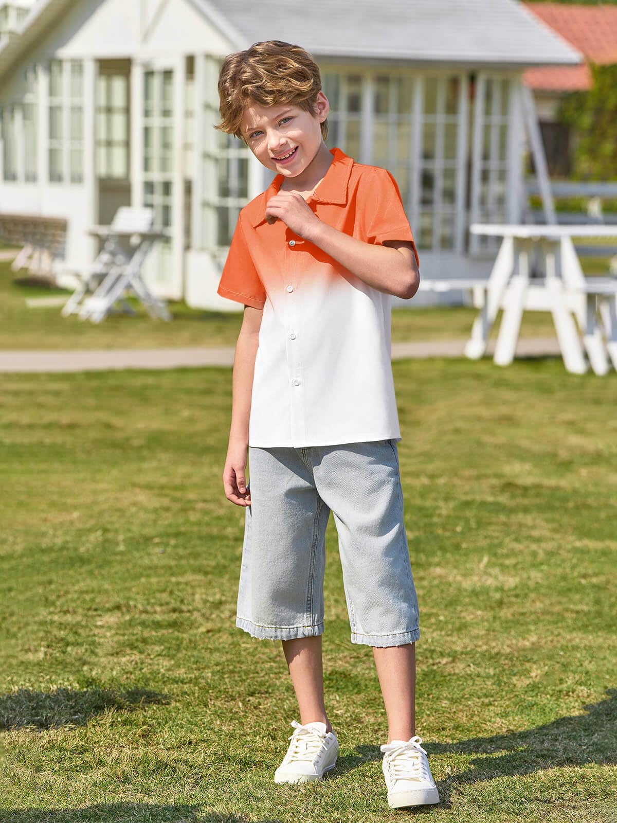 Haloumoning Camicia a maniche corte con bottoni, per bambini, estiva, casual, da spiaggia, hawaiana, 5-14 anni