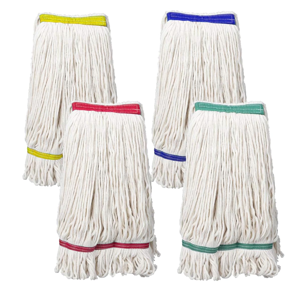 ECO CARE (Pack of 4) Cotton Kentucky Wet Mop Head 450gr, Heavy Duty Commercial Replacement Mop Head, Cotton Super Absorbent Floor Mop for Floor Cleaning with Yellow, Blue, Red, Green color strip