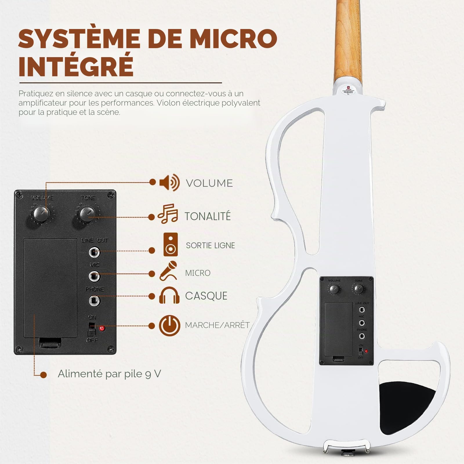 Vangoa Violon Électrique 4/4 Pratique Silencieuse Violon Pleine Grandeur pour Débutants Étudiants Adultes Adolescents avec Kits de Démarrage, Blanc