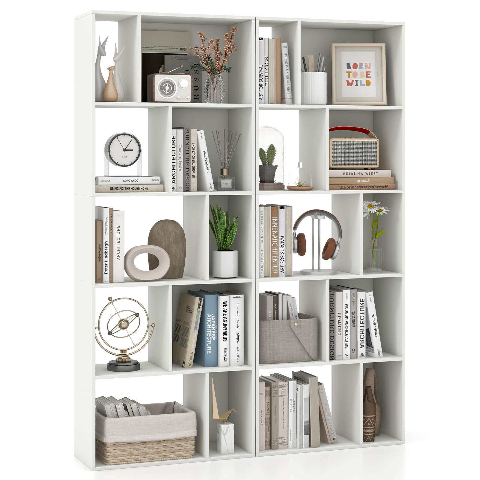 5-Tier Geometric Bookshelf, 63" Modern Tall Bookcase, 10-Cube Storage Organizer, Freestanding Open Storage Shelving Unit, Display Rack Cabinet for Living Room, Study, Home Office, White (2)