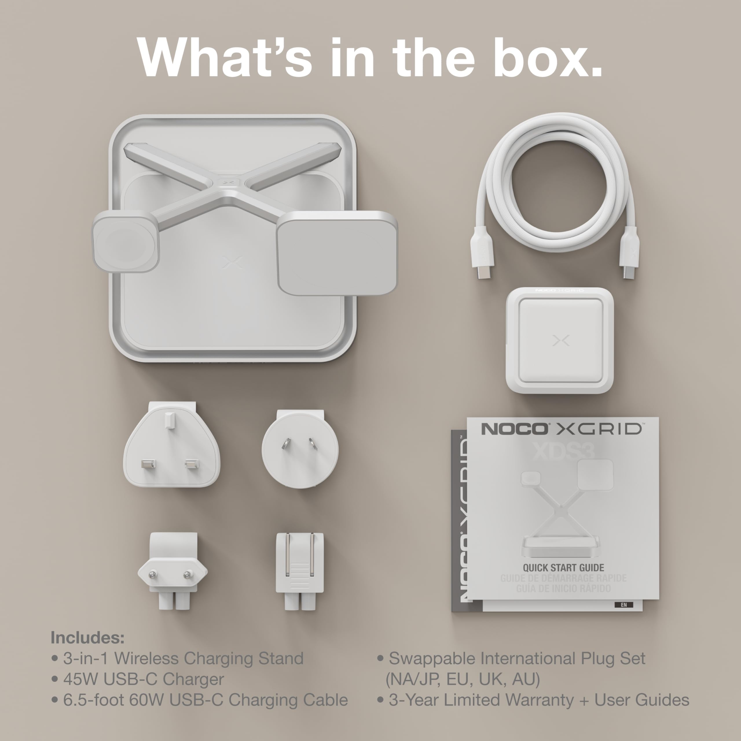 NOCO XGrid XDS3: 3‑in‑1 Wireless Lade‑Dock – Ladestation für iPhone, Apple Watch & AirPods – MagSafe‑kompatibel, Qi2 Zertifiziert – Inklusive 45 W USB‑C Netzteil & 2 m USB‑C Kabel