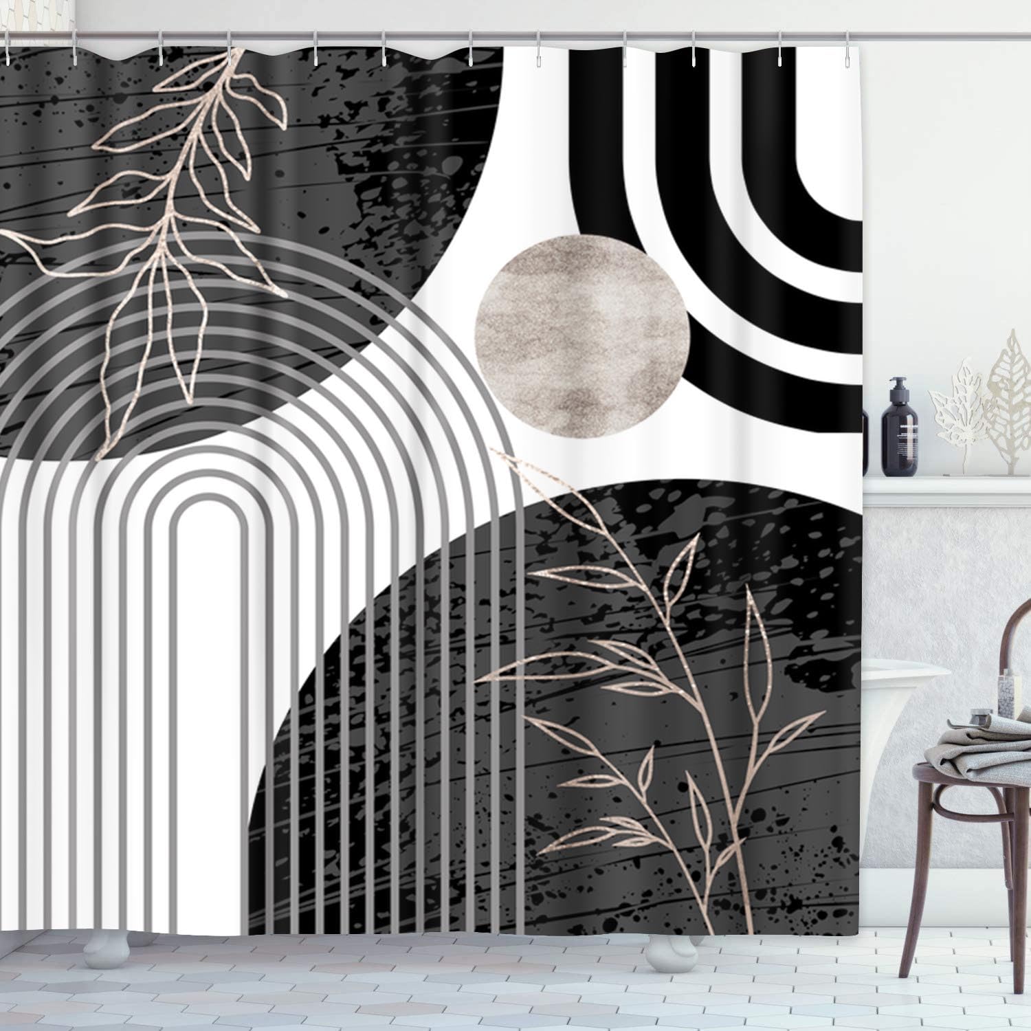 Emvency Shower Curtain Boho Palm Leaves Bohemian Mid Century Botanical Sun Modern Aesthetic Arch Curve Black Bathroom Home Decor Waterproof Polyester