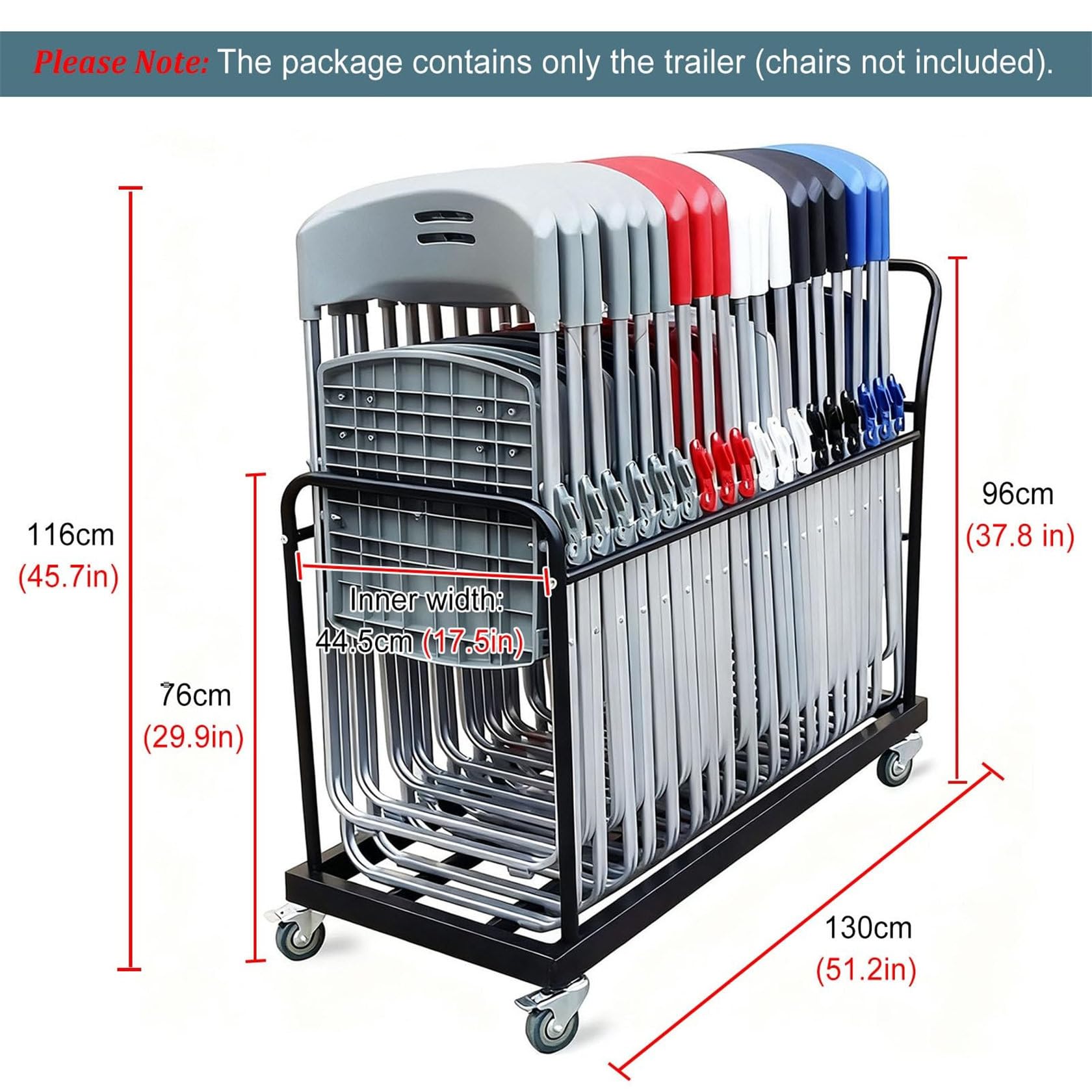 Chariot pliable robuste avec roues pivotantes verrouillables, idéal pour un usage commercial, parfait pour les chaises empilables de 16 à 20, design portable et durable