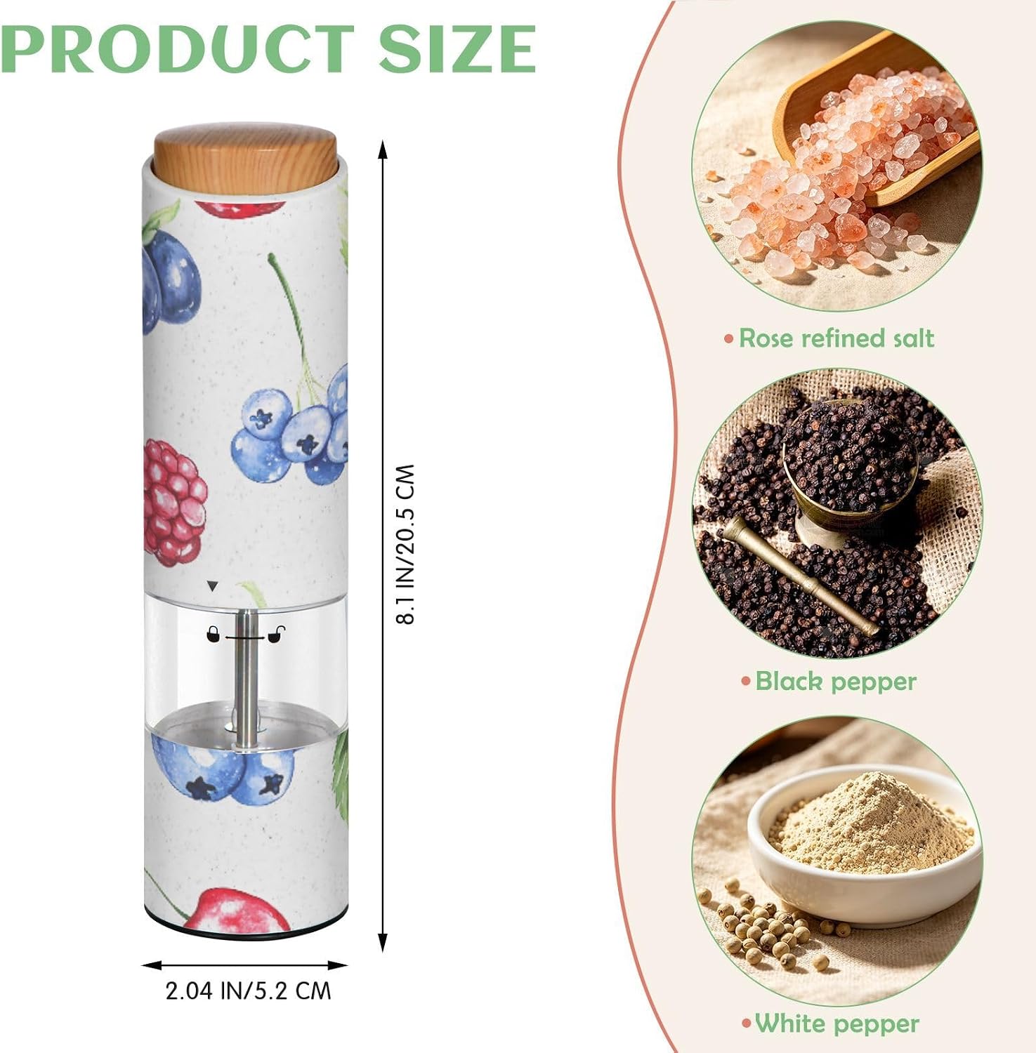 ALAZA Electric Pepper Grinder with Adjustable Coarseness, Strawberry Blueberry Pattern Blue Red Battery Automatic Salt and Pepper Mill with Led, One-Handed Operation Spice Grinder for Kitchen, Camping