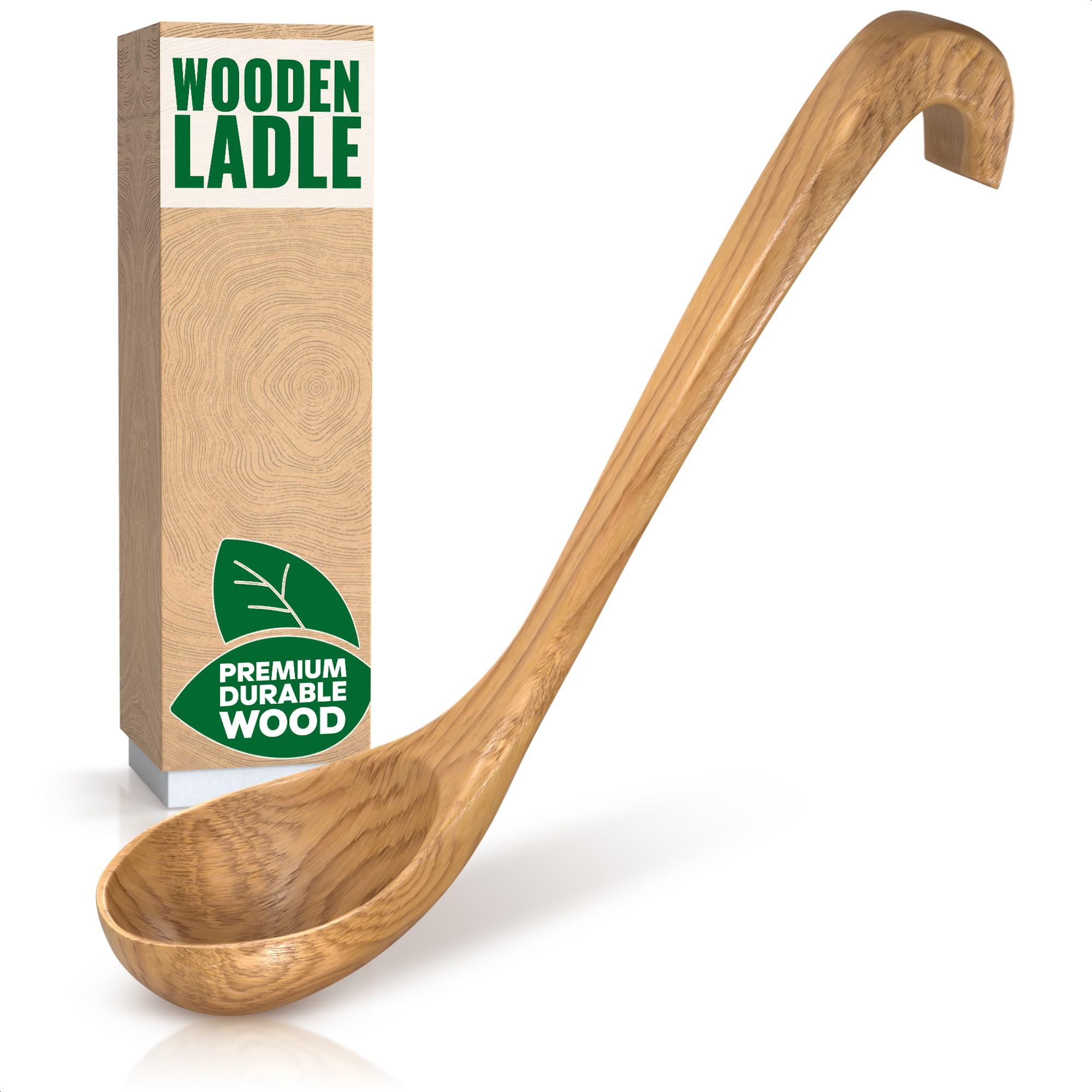 Wooden Ladle for Soup – 10.8×2.8" Deep Wood Ladle with 2.7 fl oz Capacity, Long Handle Hook-End & Lacquer Coating for Comfortable Grip – Easy-Clean Wooden Soup Spoon for Sauces, Stews & Kitchen Use