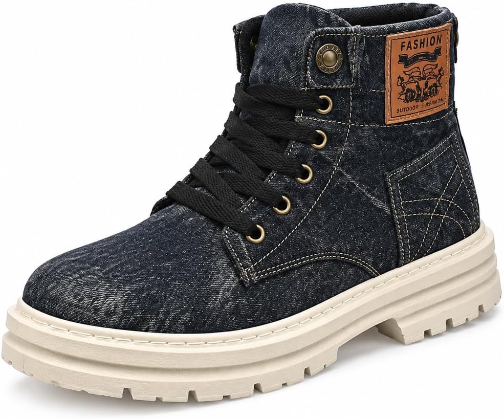 Men's Platform Denim Combat Boots Lace Up Lug Sole Jean Ankle Booties
