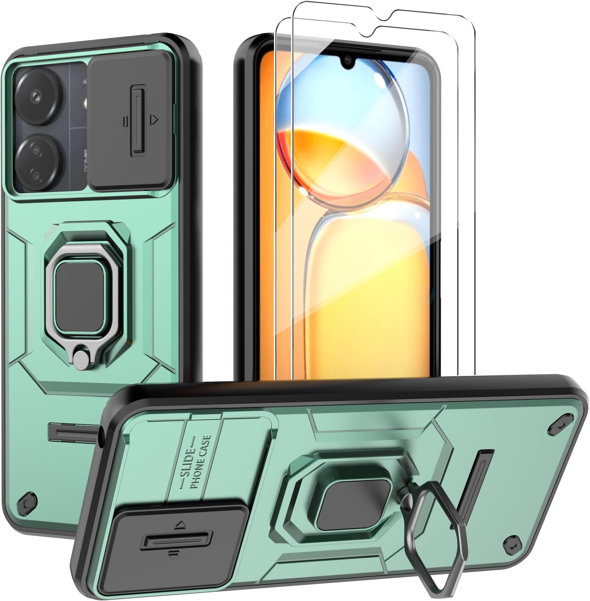 Phone Case for Xiaomi Redmi 13C / Poco C65 Case with Glass Screen Protector [2 Pack], Built Slide Camera Protection Cover,Military Heavy Duty Full Body Protective Phone Case - Green