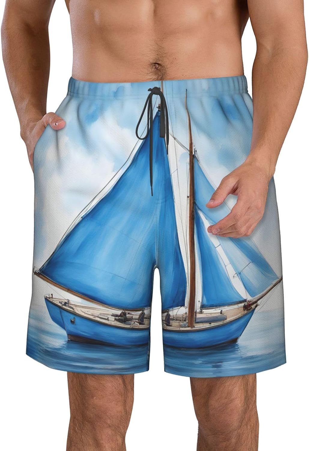 Blue Sailboat Print Men's Quick-Drying Shorts Casual Beach Pants Stretch Waist Shorts and Pockets