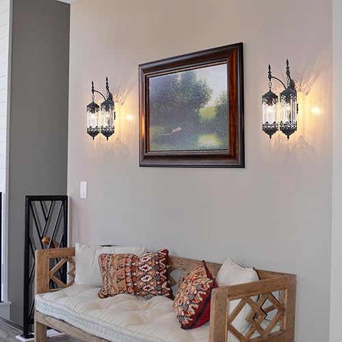 Miniatura 8 de RONGHUAFUGUI Apliques de pared rústicos negros con 2 luces, estilo vintage, gótico, retro, gótico, único, medieval para pasillo, mesita de noche,