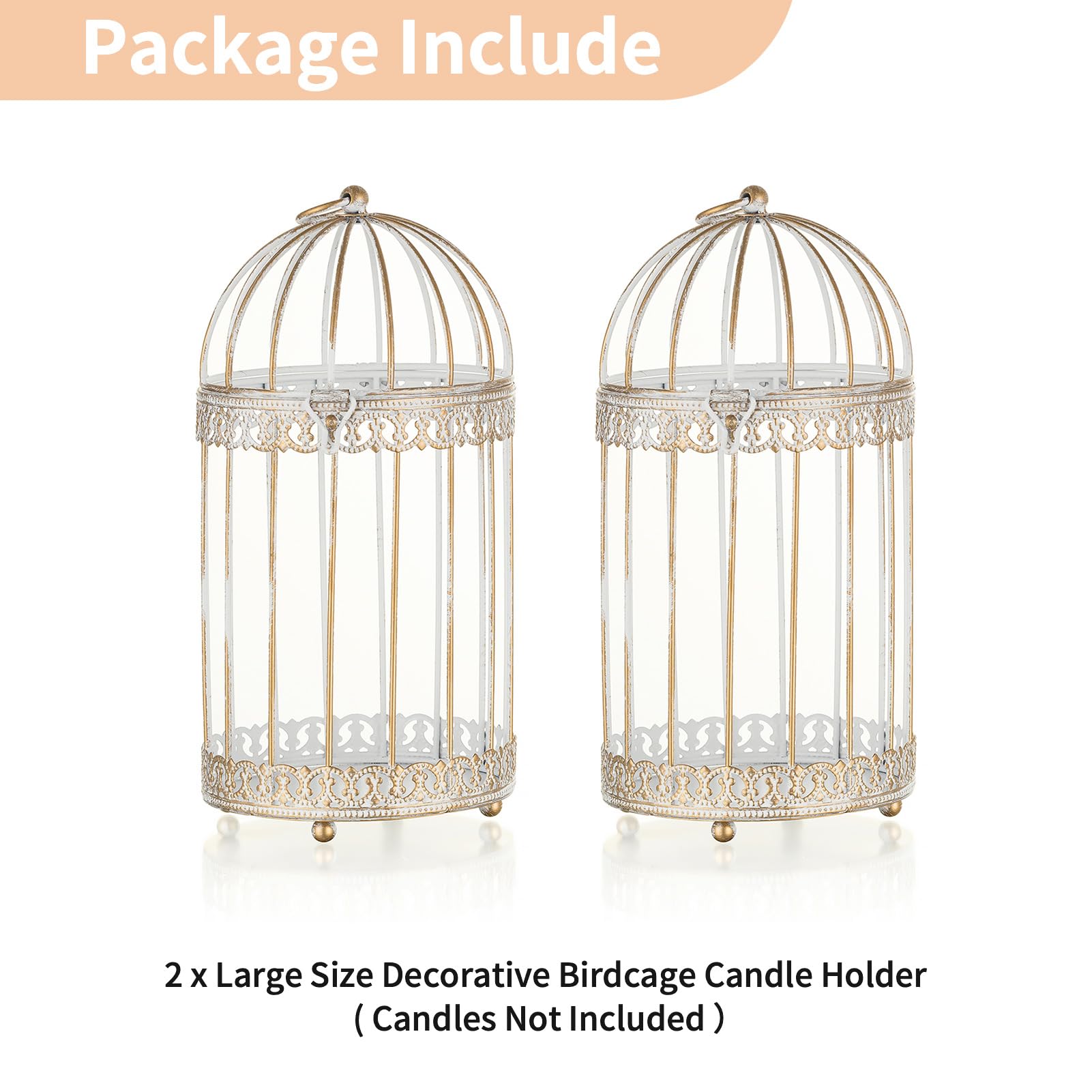 NUPTIO Portacandele a Pilastro Gabbia per Uccelli Bianco: 2 Set di 25,5 cm Decorativo Metallo Appeso Lanterna Centrotavola Portacandele a Gabbia per Uccelli in Ottone per Matrimonio Compleanno Festa