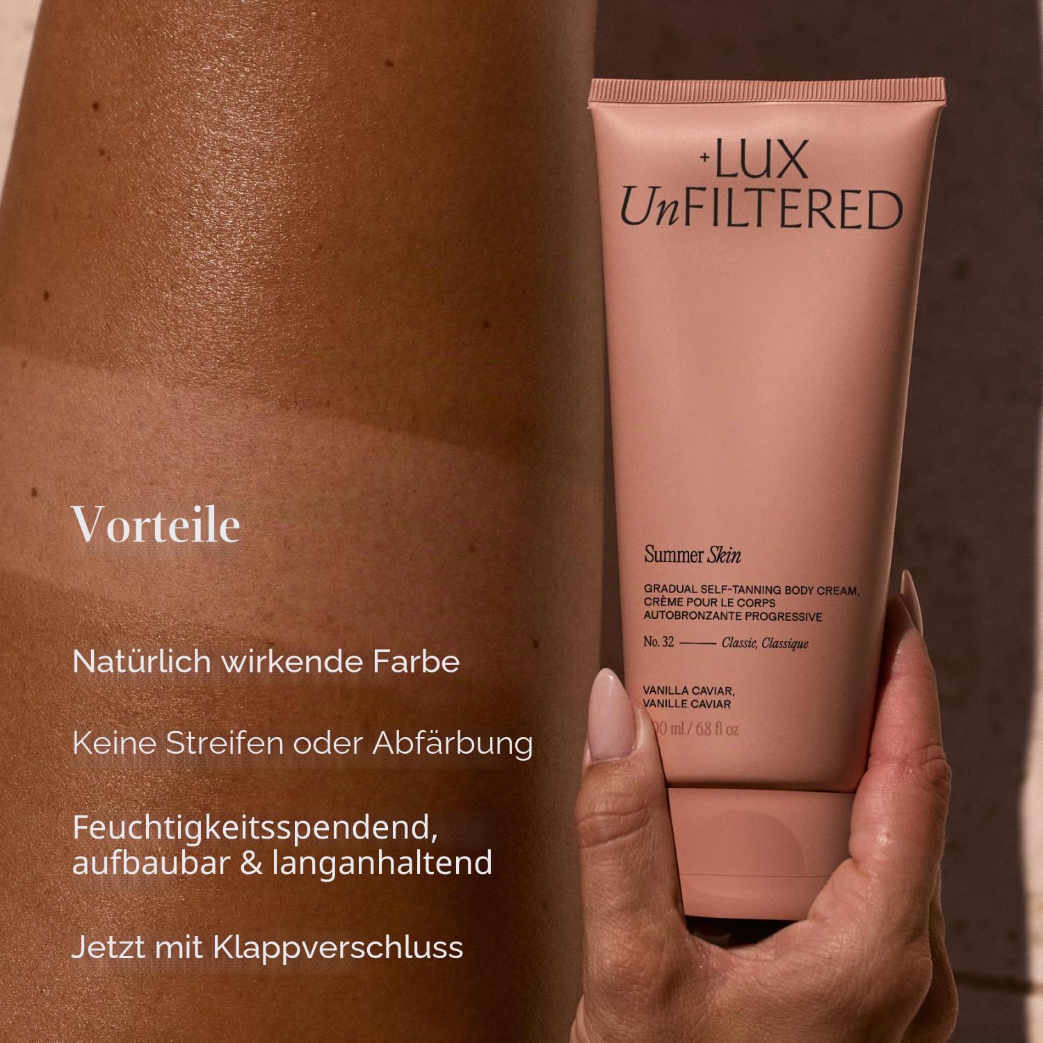 + Lux Unfiltered N°32 Graduell feuchtigkeitsspendender Selbstbräuner in Rosewood – Self Tanning Lotion with No Mess – Gradual Self Tanner – Self Tanners Bestsellers (Rosenholz)
