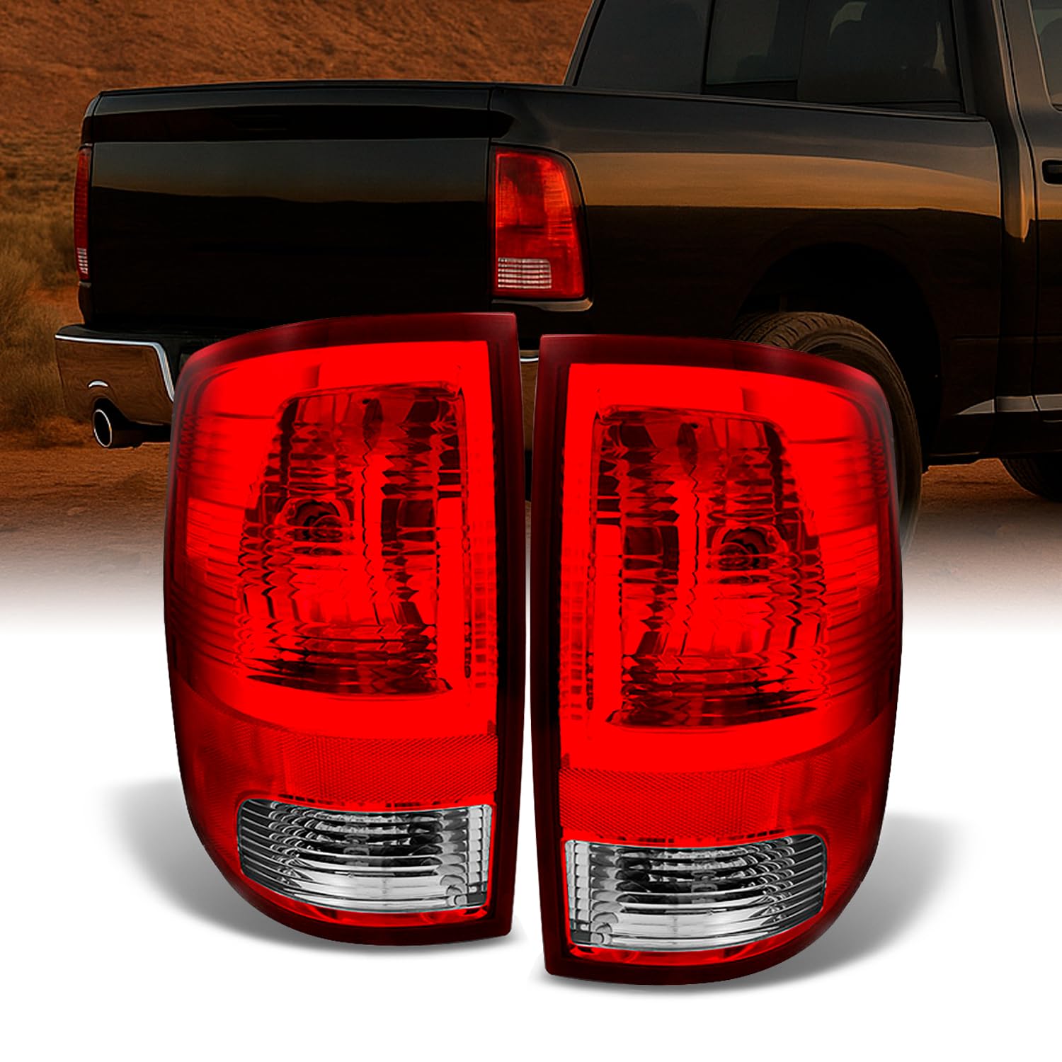AKKON - For 2009-2018 Ram 1500/2500/3500 DS DJ D2 Red Clear Tail Lights Brake Lamps Driver Left + Passenger Right Side Pair