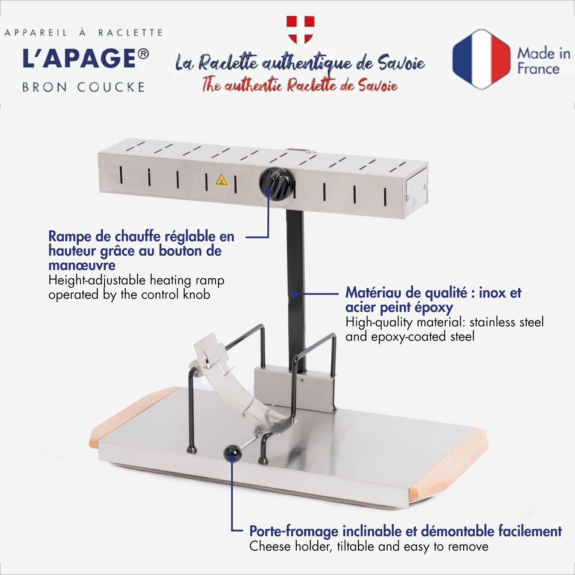 LOUIS TELLIER | Raclettegerät Alpage® Signature Edelstahl | Geeignet für alle Käselaibgrößen | 6-8 Personen | 900W | 230V | Höhenverstellbare Heizrampe | Sicherheitsschalter | Made in France