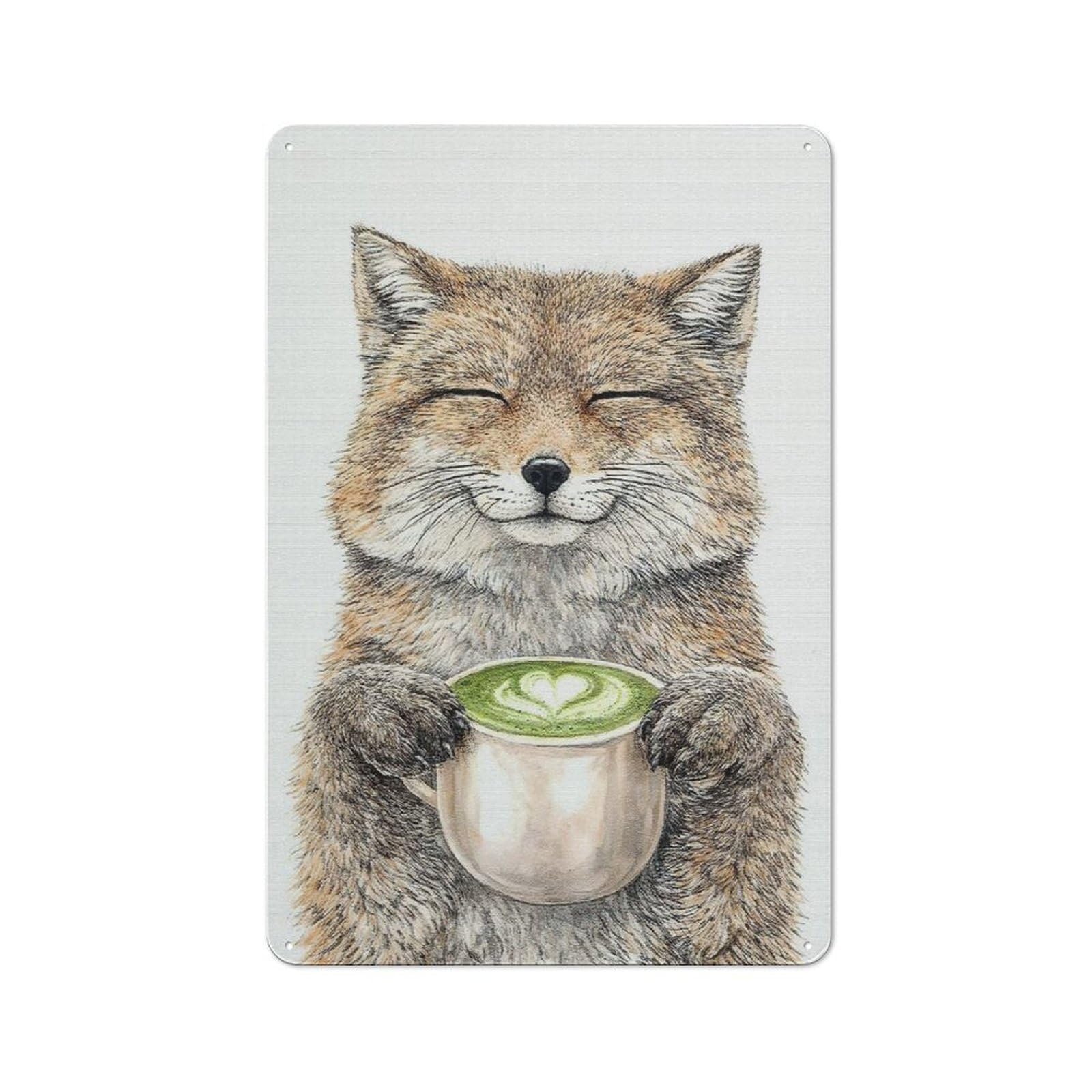 Junmoney Style-15 Tin Sign 30X20cm With Fox Holding Matcha Latte For Hallway Wall, Rustic Decor, For Vintage Wall Decor Fans, For Garage And Workshop Walls
