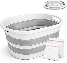 ForenTex Cesta Ropa Sucia Plegable 36L con 2 Bolsas de Lavado, Cesto Ropa Sucia Plástico TPR+PP Resistente, Barreño Colada Plegable Ahorra Espacio para Baño, Lavandería y Dormitorio, Gris y Blanco