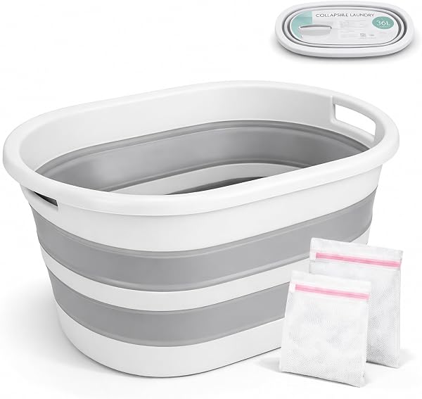 ForenTex Cesta Ropa Sucia Plegable 36L con 2 Bolsas de Lavado, Cesto Ropa Sucia Plástico TPR+PP Resistente, Barreño Colada Plegable Ahorra Espacio para Baño, Lavandería y Dormitorio, Gris y Blanco - 1