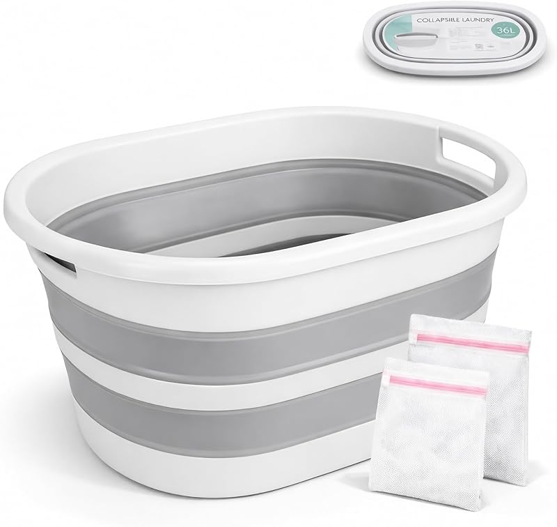 ForenTex Cesta Ropa Sucia Plegable 36L con 2 Bolsas de Lavado, Cesto Ropa Sucia Plástico TPR+PP Resistente, Barreño Colada Plegable Ahorra Espacio para Baño, Lavandería y Dormitorio, Gris y Blanco