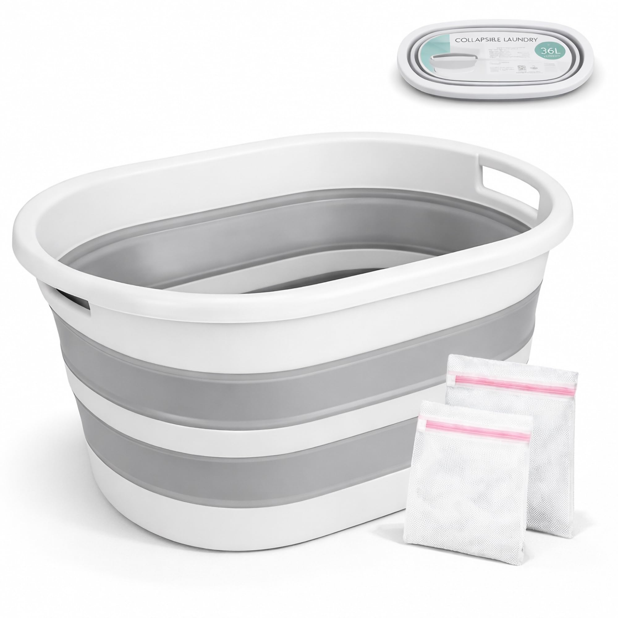 ForenTex Cesta Ropa Sucia Plegable 36L con 2 Bolsas de Lavado, Cesto Ropa Sucia Plástico TPR+PP Resistente, Barreño Colada Plegable Ahorra Espacio para Baño, Lavandería y Dormitorio, Gris y Blanco - 2
