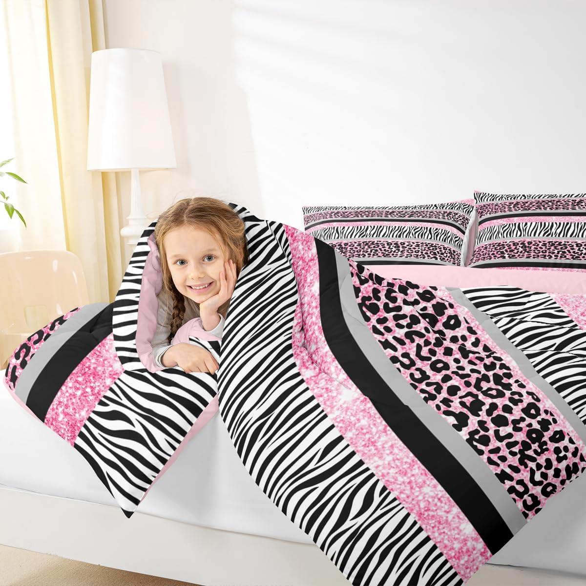 Feelyou Zebra Stripes Comforter Queen, Glitter Print (NO Glitter) Comforter Set Boys GirlsPink Zebra Stripes Bedding Set Kids Toddler Zebra Leopard Fur Duvet Set 3Pcs